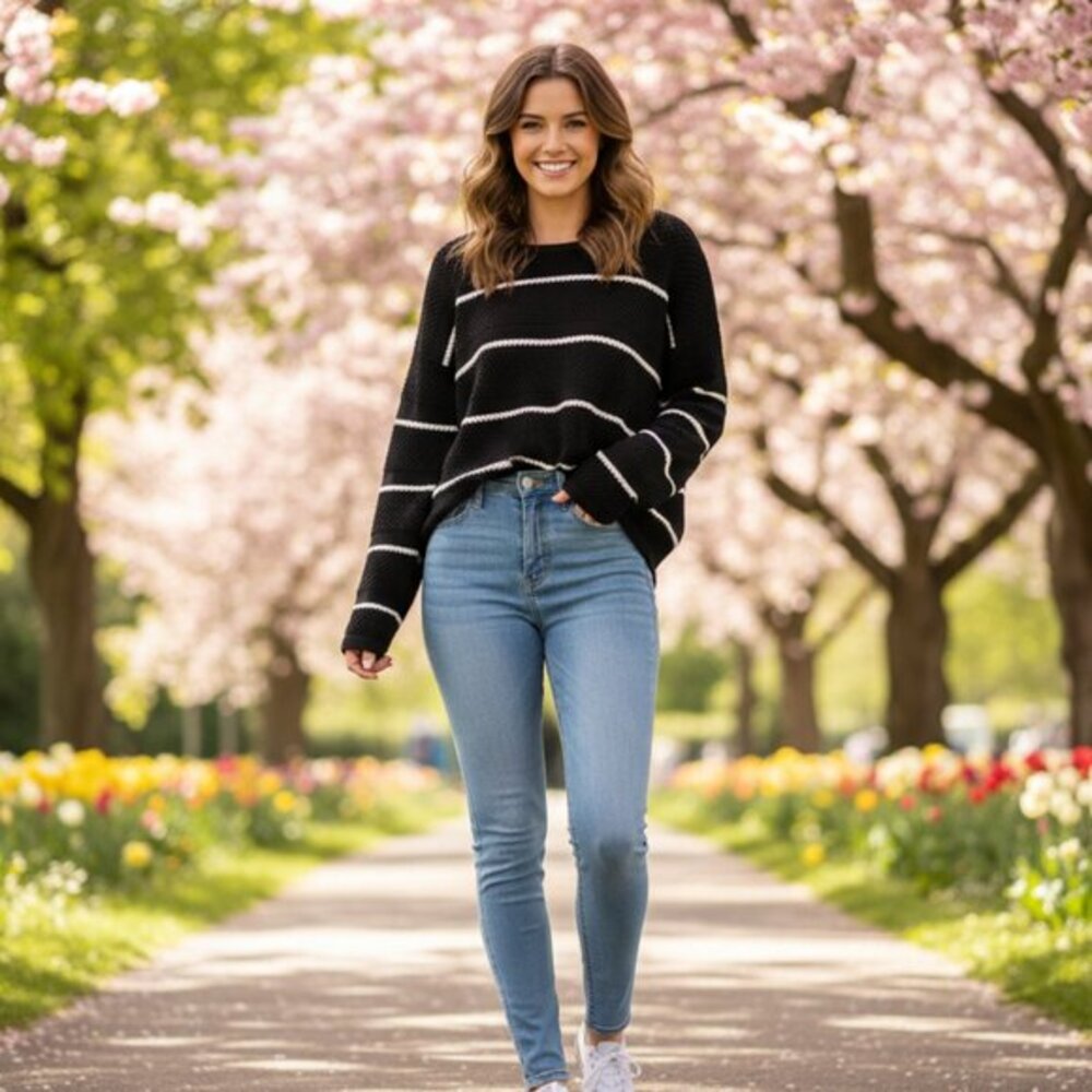 Chico's Women's Black and White Striped Waffle Knit Crewneck Sweater M